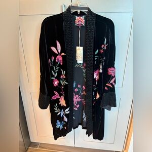Johnny Was Velvet Embroidered Kimono jacket NWT
